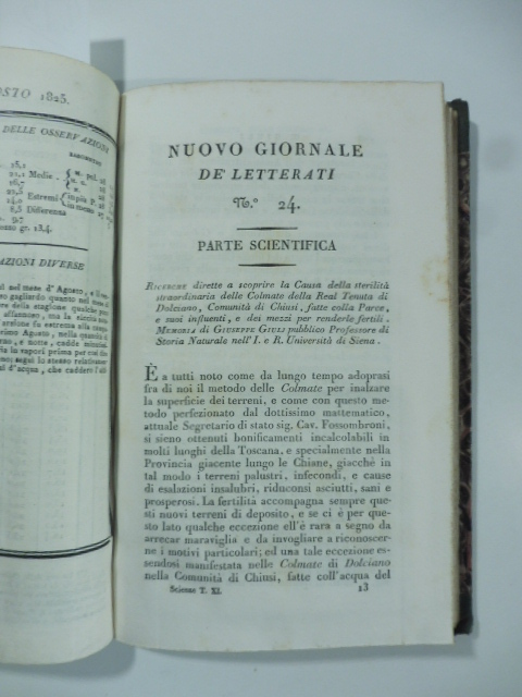 Ricerche dirette a scoprire la causa della sterilità delle colmate della R. Tenuta di Dolciano, com. di Chiusi... (Stralcio da: Nuovo giornale de' letterati. N. 24. 1825)